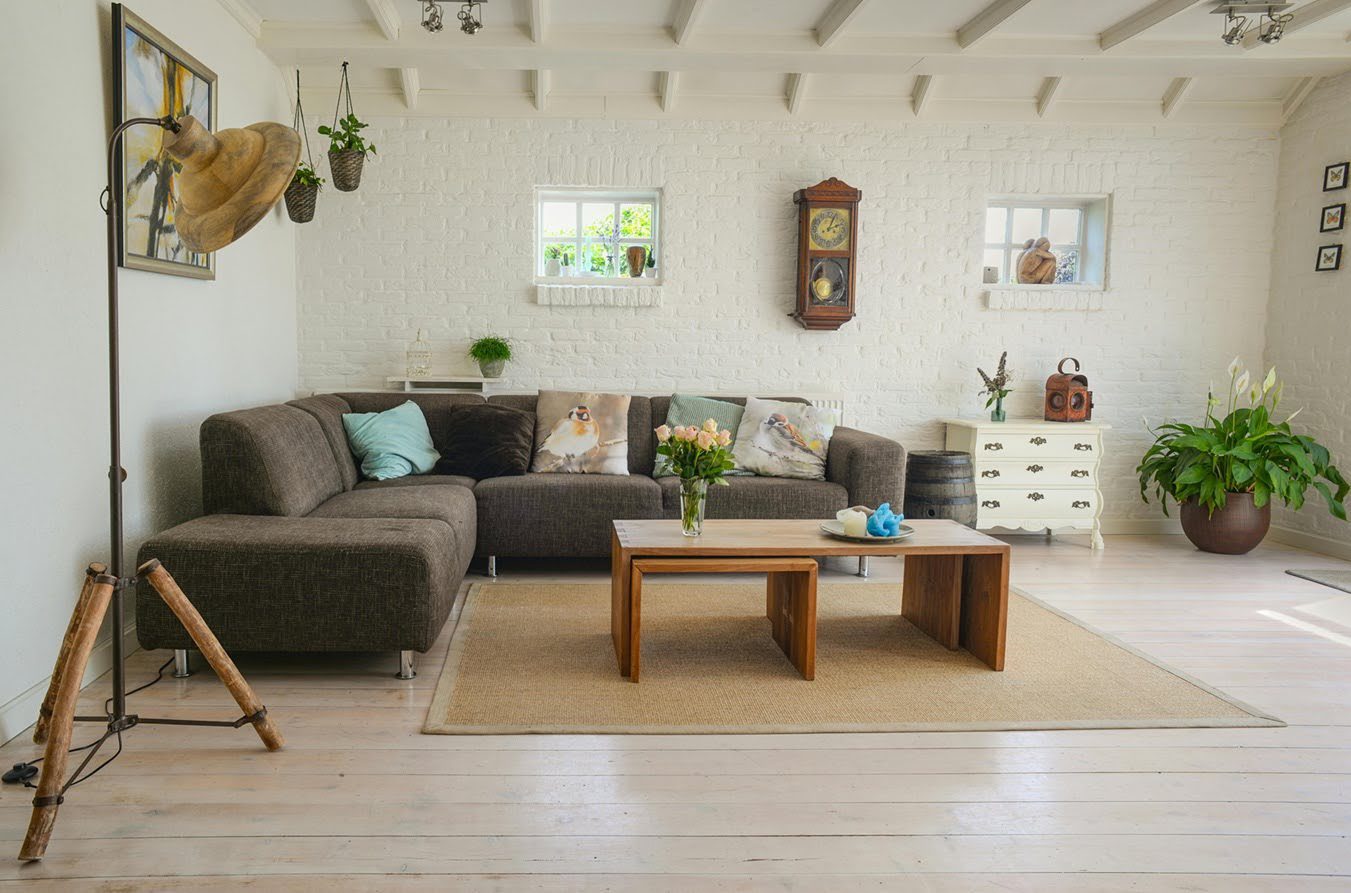 Eco-friendly Airbnb living room with natural materials, plants, and sustainable interior decor