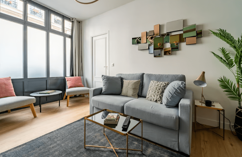a living room with a couch and a coffee table
