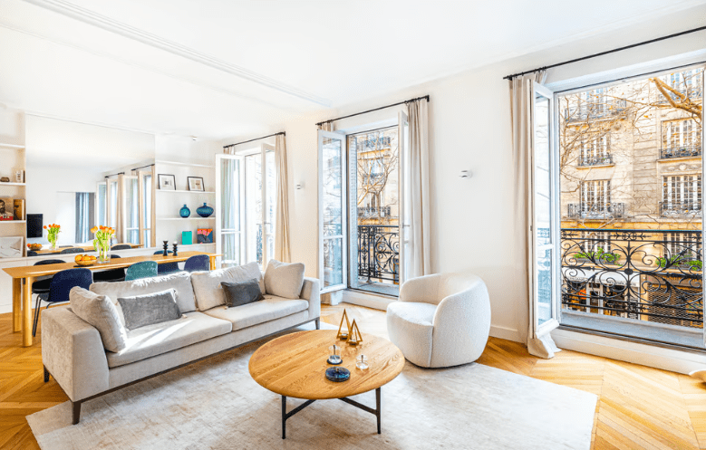 a living room with a couch and a coffee table