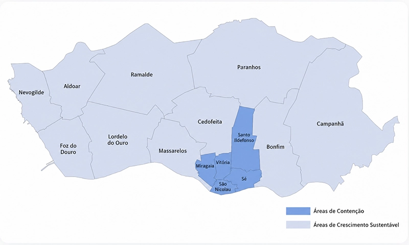Mapa das freguesias do Porto com áreas de contenção e áreas de crescimento sustentável do alojamento local, ao abrigo do Regulamento Municipal n.º 1462/2024