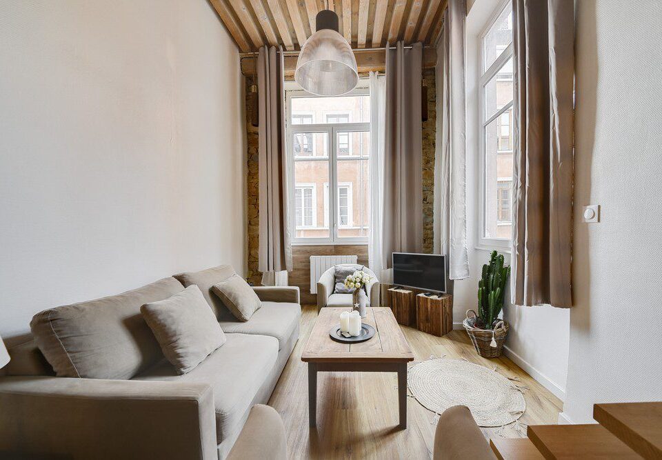Un petit salon confortable avec un canapé gris, une table basse en bois, une télévision, de grandes fenêtres avec des rideaux, des plantes d'intérieur et un plafond à poutres apparentes - bail mobilite