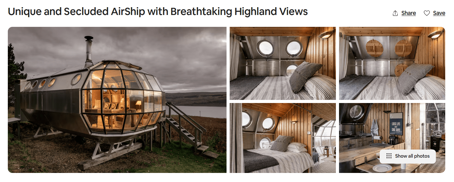 Airbnb description of a unique secluded airship in the Highlands with glass-front living space, cosy wooden interiors, round windows, and dramatic loch views.