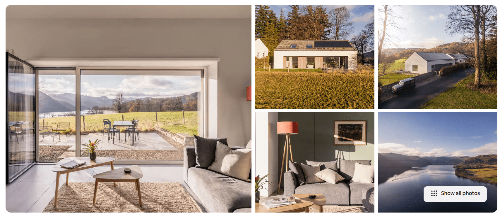 Airbnb description of a modern countryside home with floor-to-ceiling windows, cosy interiors, patio seating, and peaceful lake and mountain views.
