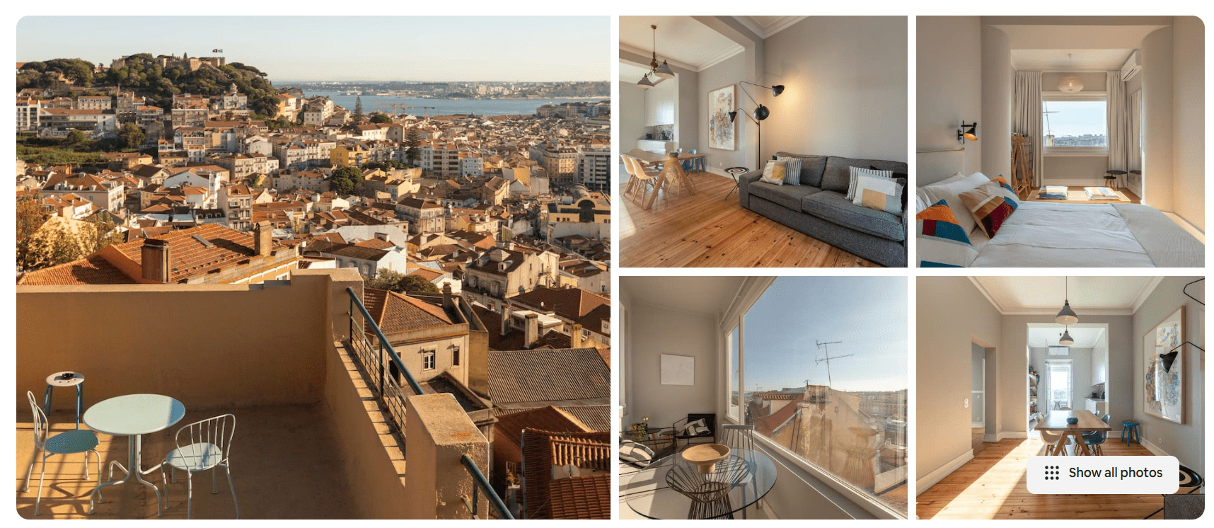 Airbnb description of a bright Lisbon apartment with a private terrace, city rooftop views, modern interiors, and a sunny bedroom overlooking the skyline.