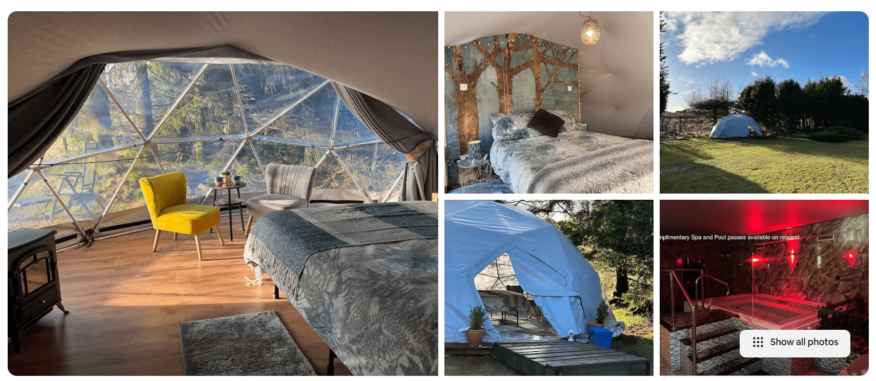 Airbnb description of a forest glamping dome with a cosy bedroom, woodland views, outdoor seating, and access to a spa-style pool.