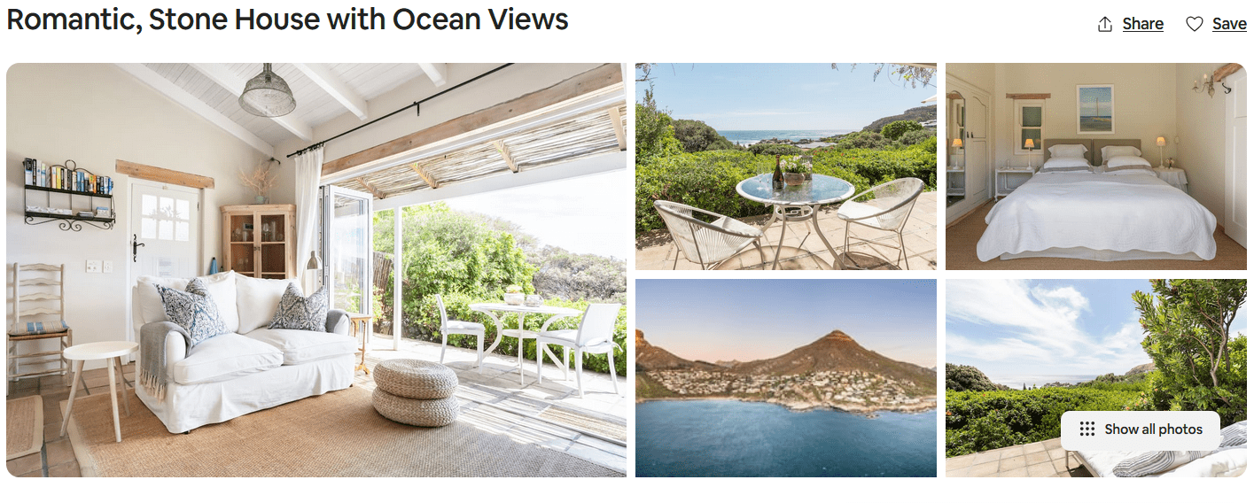 Airbnb description of a romantic stone house with ocean views, bright coastal interiors, a private terrace, and peaceful garden surroundings.