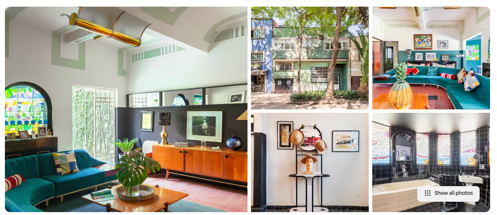 Airbnb description of a colourful character home with bold interiors, stained glass details, vibrant decor, and a stylish bathroom.