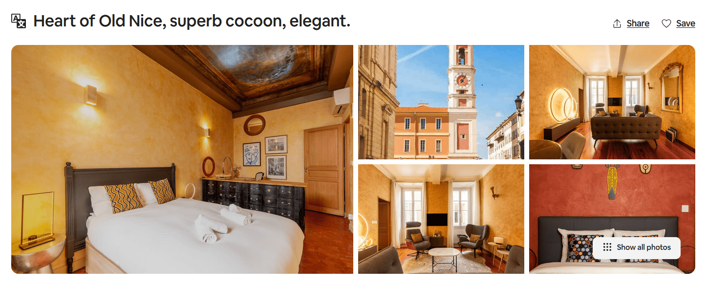Airbnb description of an elegant Old Nice apartment with warm interiors, a cosy bedroom, stylish decor, and a central location near historic streets.