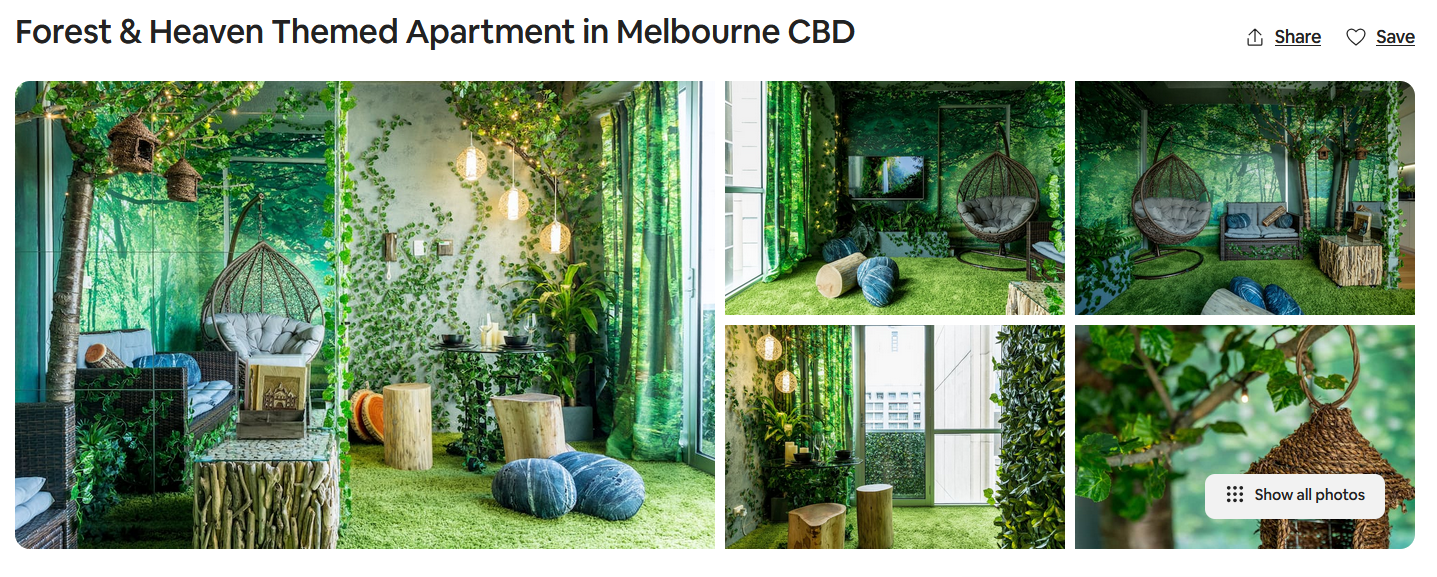 Airbnb description of a forest-themed Melbourne CBD apartment with lush greenery, hanging chairs, playful decor, and immersive nature-inspired styling.