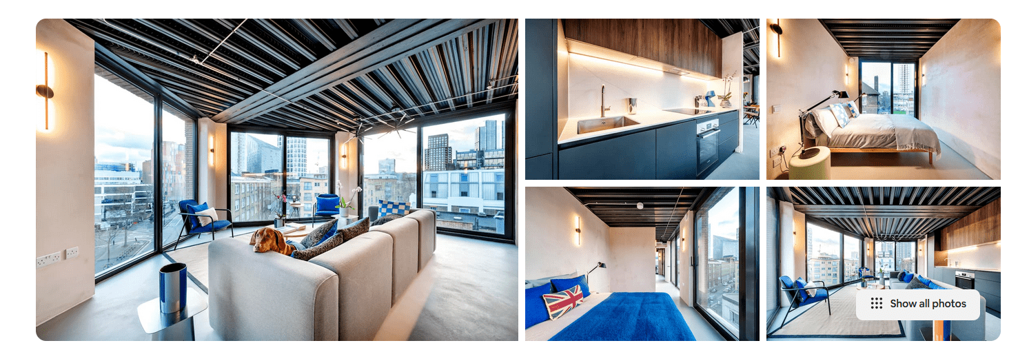 Airbnb description of a modern city apartment with floor-to-ceiling windows, skyline views, sleek interiors, a bright bedroom, and blue accent decor.