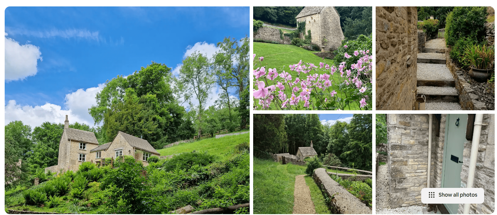 Airbnb description of a secluded stone cottage surrounded by lush gardens, woodland paths, flower beds, and peaceful countryside views.