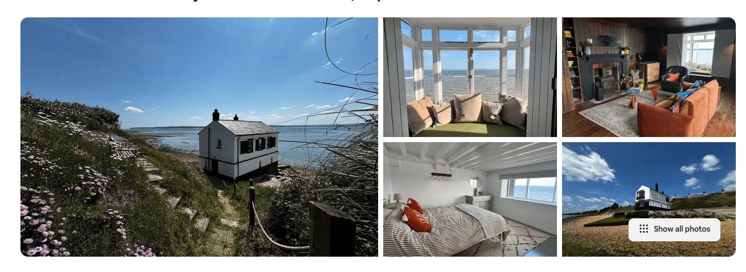 Airbnb description of a seaside cottage with ocean views, coastal flowers, bright bedrooms, and a cosy living room overlooking the water.