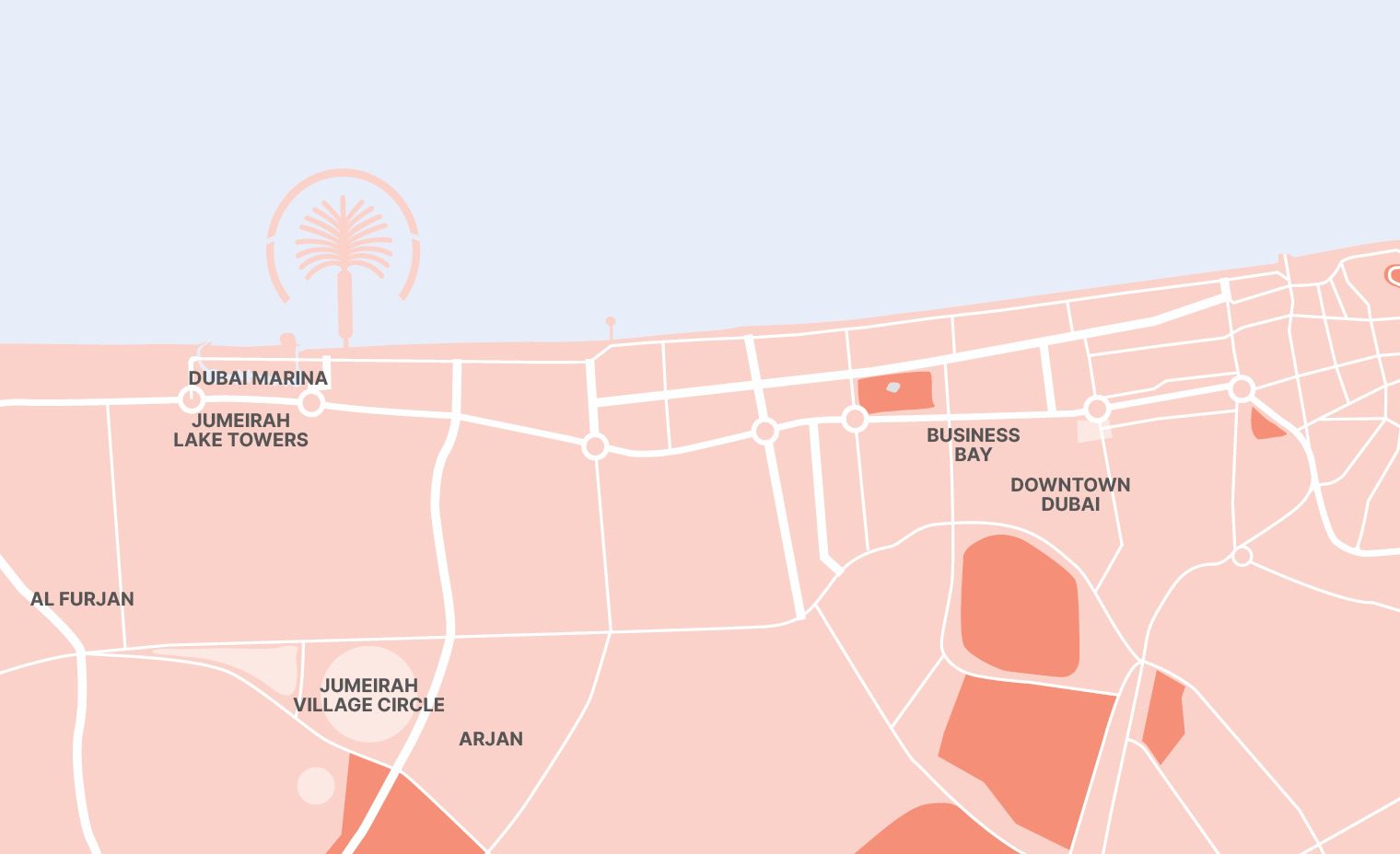 A stylised map of Dubai in coral showing key areas to stay: Downtown Dubai, Dubai Marina, JBR, Business Bay, Deira, Bur Dubai, and Palm Jumeirah - dubai in september