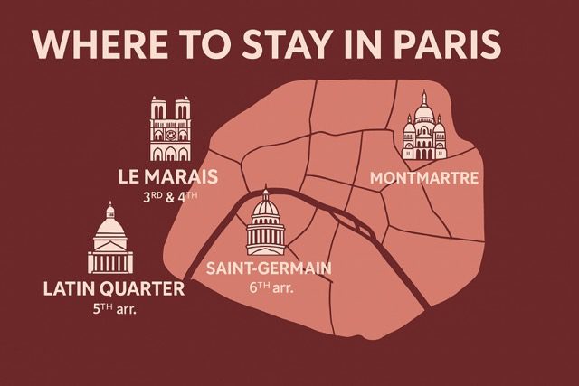 A stylised coral map of Paris on a burgundy background highlighting Le Marais, Montmartre, the Latin Quarter, and Saint-Germain with simple landmark icons - paris city break