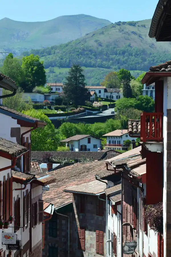 Traditional Basque village with tiled roofs, green hills, and mountain backdrop — Airbnb management