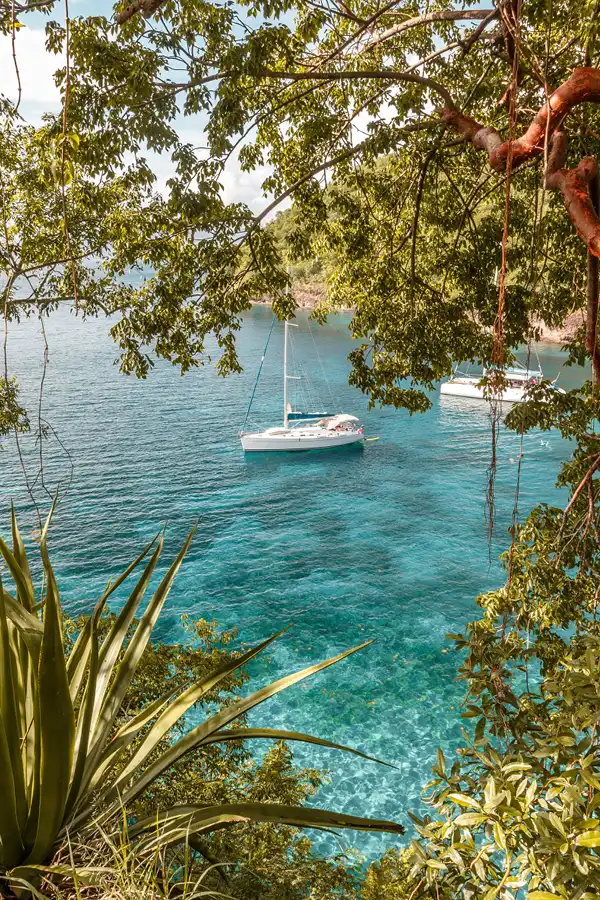 Voiliers au mouillage dans une baie turquoise entourée de végétation tropicale, conciergerie Airbnb Martinique