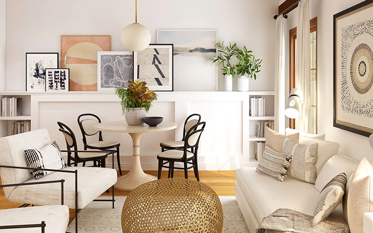 Salon lumineux et élégant avec espace repas et décoration neutre - conciergerie Airbnb Aix-en-Provence