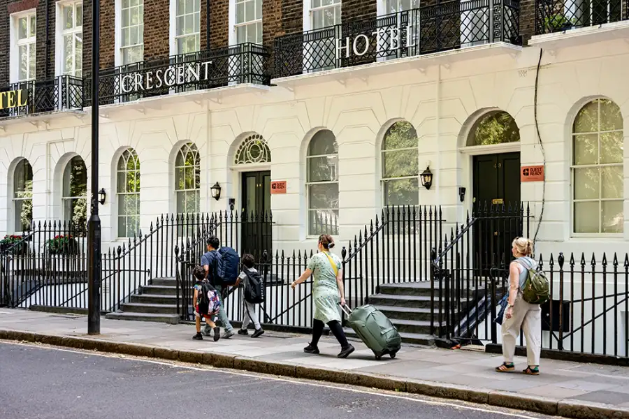 The Crescent hotel exterior on Cartwright Gardens, Bloomsbury